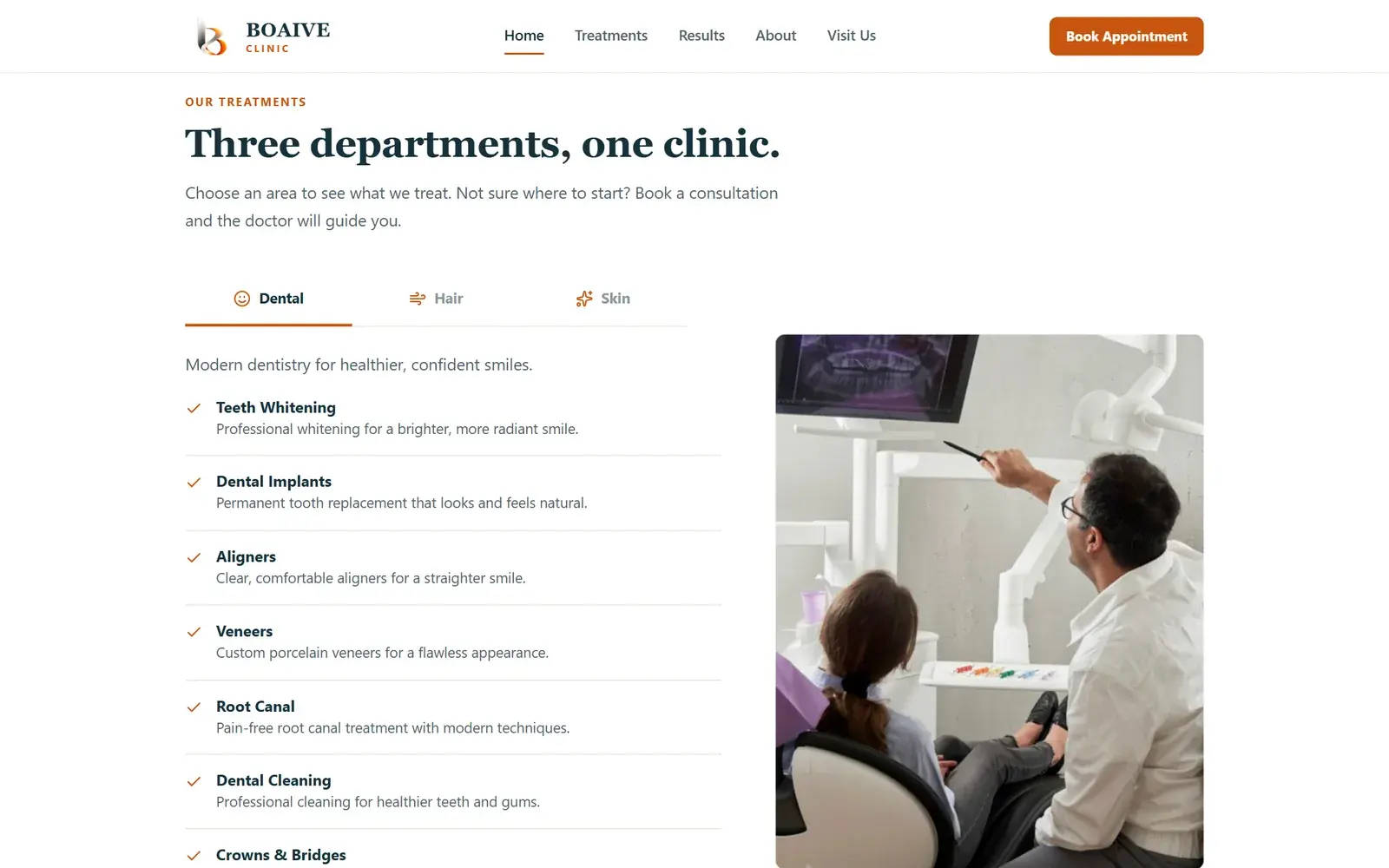 Clinic treatments section with dental, hair and skin tabs