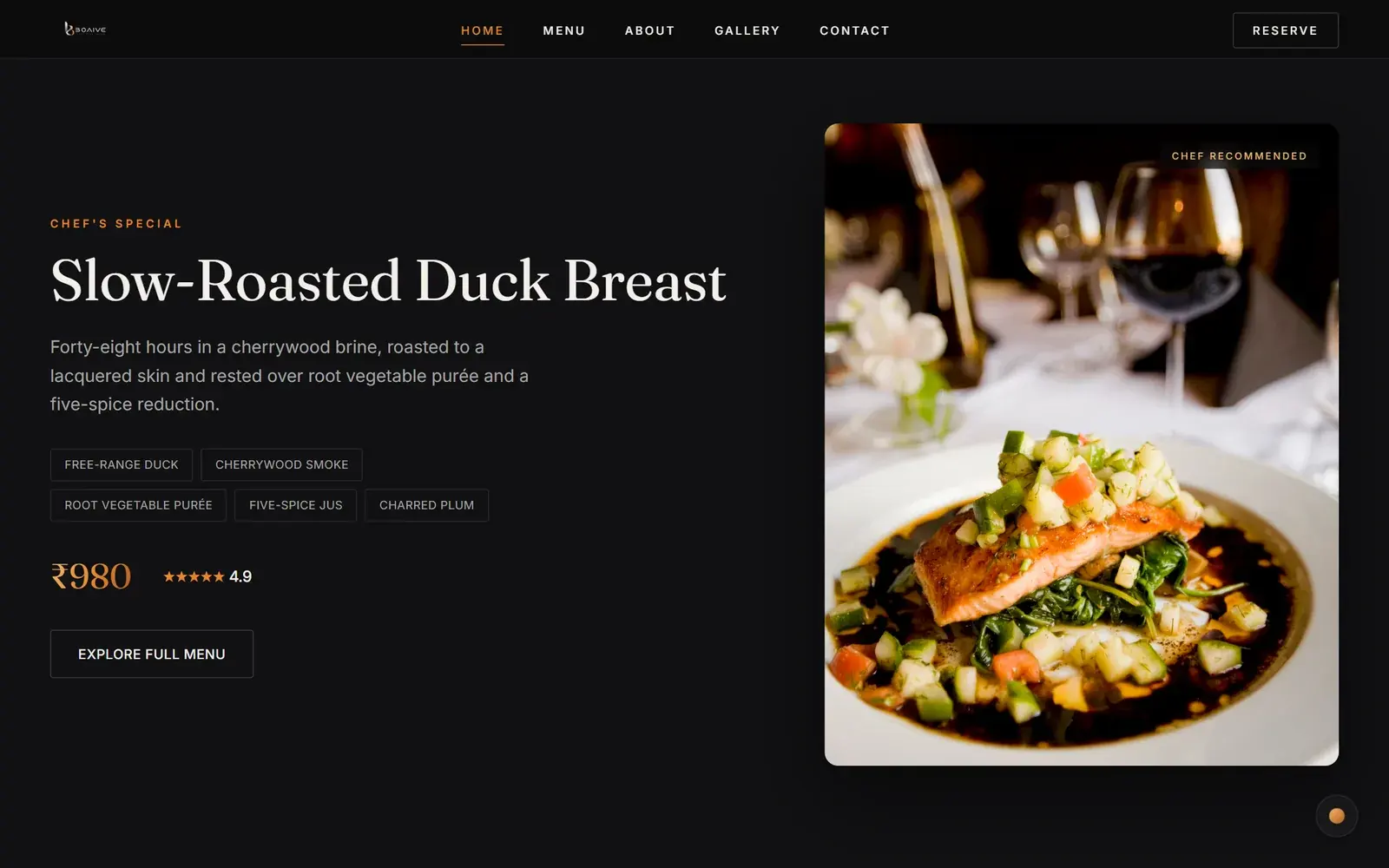 Restaurant signature dish feature with ingredients and price