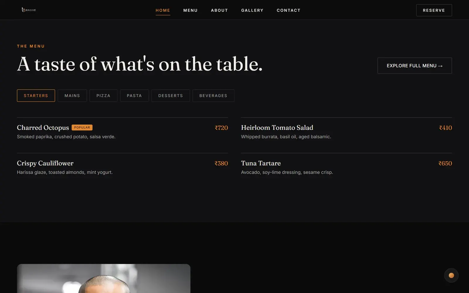 Restaurant menu browsable by course