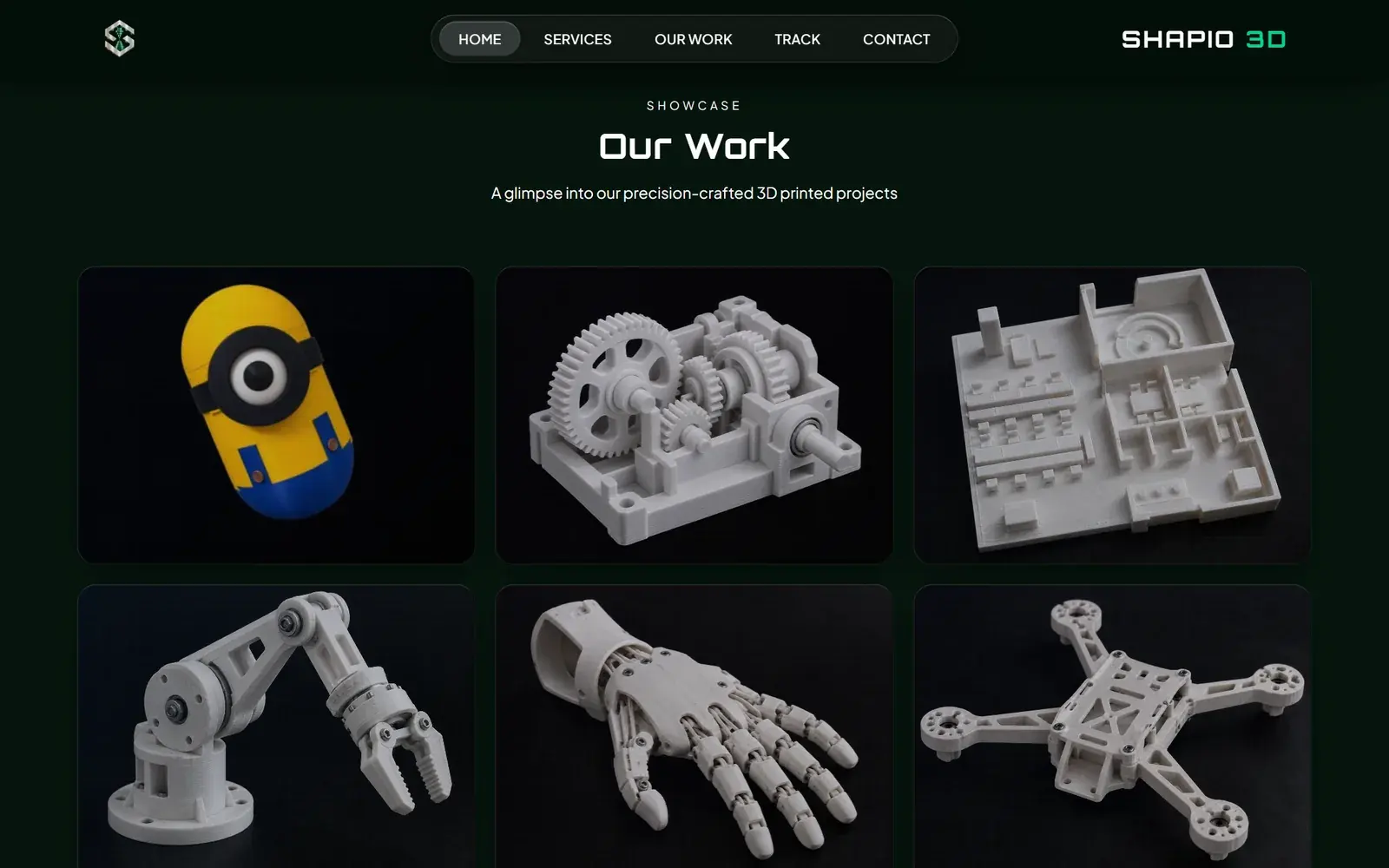 Shapio 3D showcase gallery of printed parts